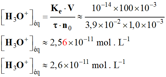 C (H3O+)eq = 2,6 E-11 mol / L